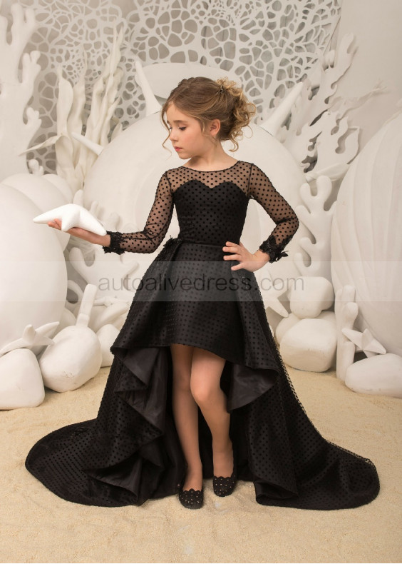 High Low Black Dots Tulle Floor Length Flower Girl Dress High Low Black Dots Tulle Floor Length Flower Girl Dress